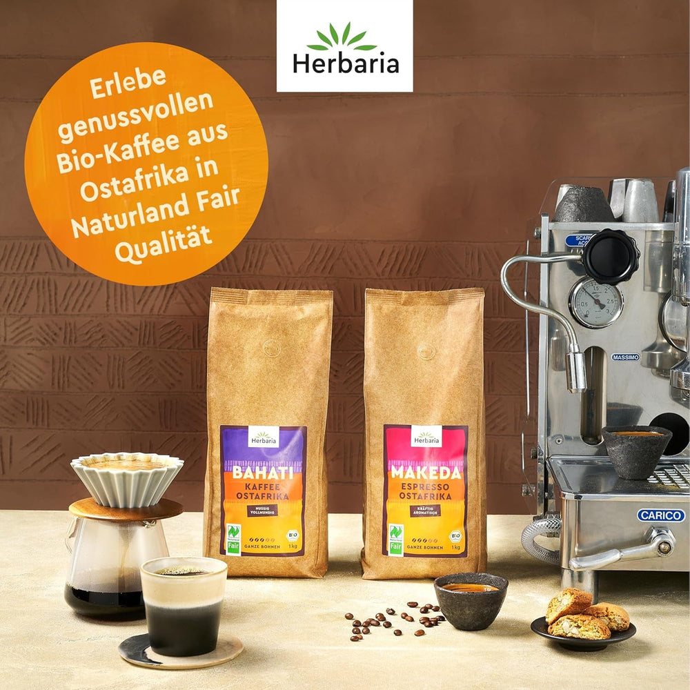 Herbaria BAHATI | BIO Kaffee ganze Bohnen | Naturland Fair zertifiziert aus Ostafrika | ausgewogene Röstaromen mit Noten von gerösteten Nüssen & Schokolade | Kaffeebohnen für Kaffeevollautomaten | 1kg