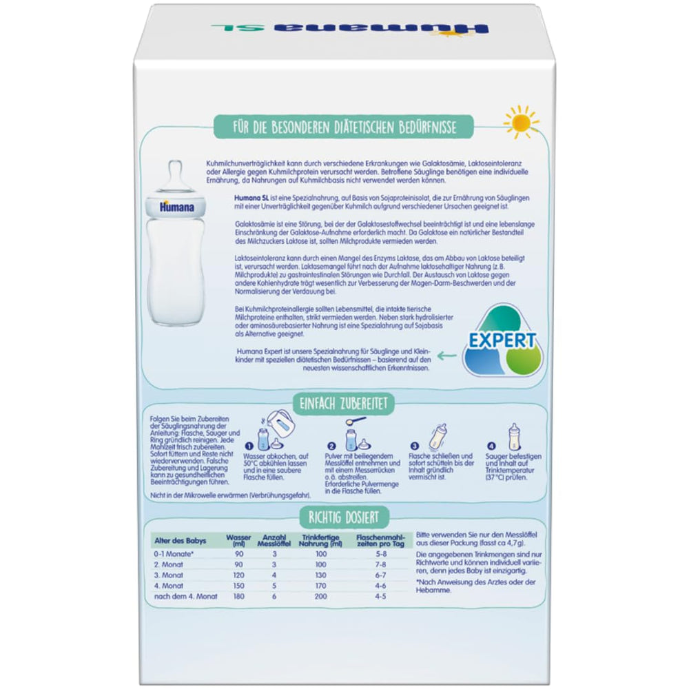Humana SL Expert, desde el nacimiento, fórmula especial para la intolerancia a la leche de vaca causada por intolerancia a la lactosa, galactosemia o alergia a las proteínas de la leche de vaca, para bebés y niños pequeños, 600g