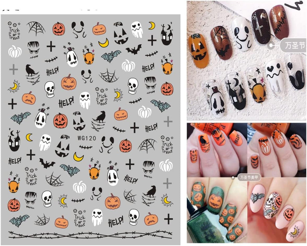 JMEOWIO Nagelsticker Halloween 8 Blatt Nail Art Sticker Selbstklebend Nagelaufkleber Totenkopf Horror Geist Hexe Spinnennetz Fledermaus Kürbis Spukdekoration Nageldesign Zubehör