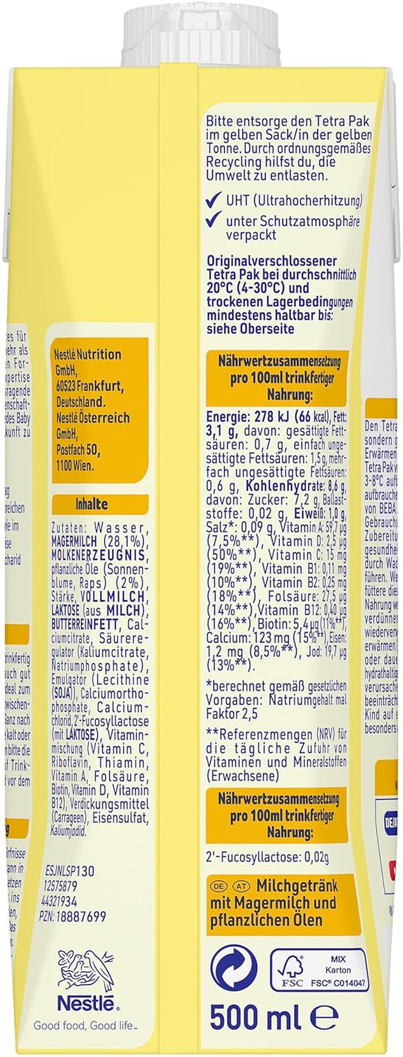 BEBA Bebida de leche lista para beber para niños de 1 a 3 años, con HMO, contenido de proteínas apropiado para la edad, sin aceite de palma, sin aceite de pescado, comida para niños pequeños, paquete de 12 (12 x 500 ml)