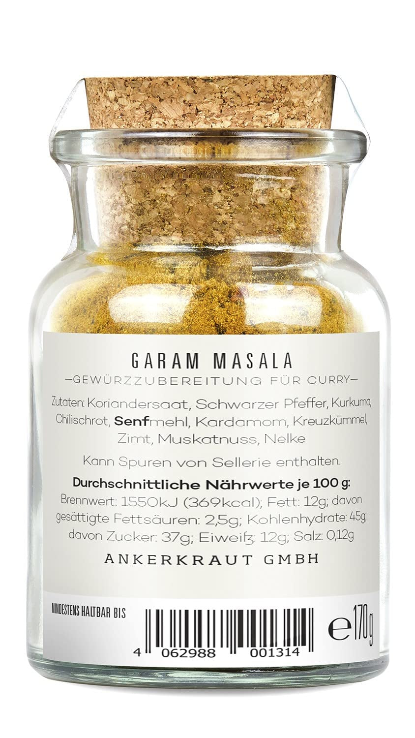 Ankerkraut Garam Masala, Gewürz für indisches Gericht, Leckeres Curry mit Fleisch würzen, Taste of India, 65 g en vaso de corcho
