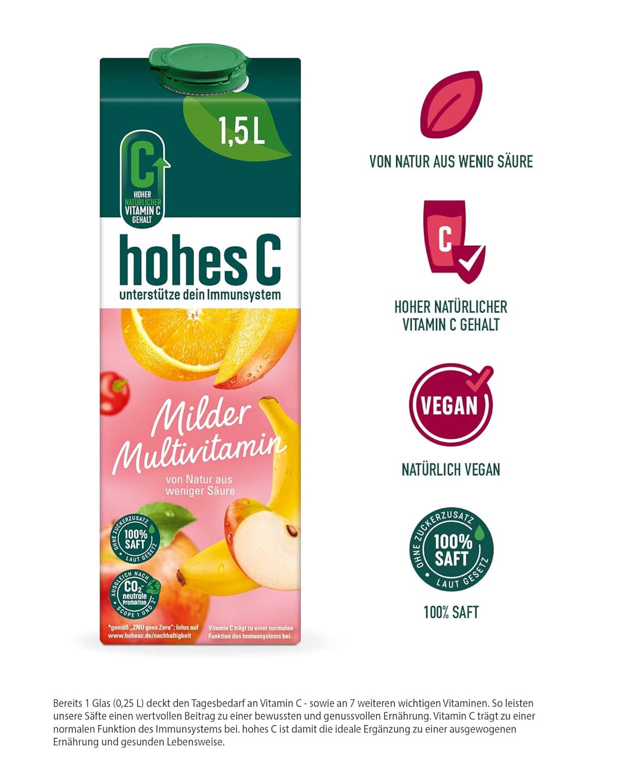 Multivitamínico Suave Alto C (1 X 1,5L), 100% zumo, manzana, naranja, acerola, mango, 7 vitaminas, Sin azúcares añadidos según ley, Menos ácido, Bebidas no alcohólicas veganas Naty Shop