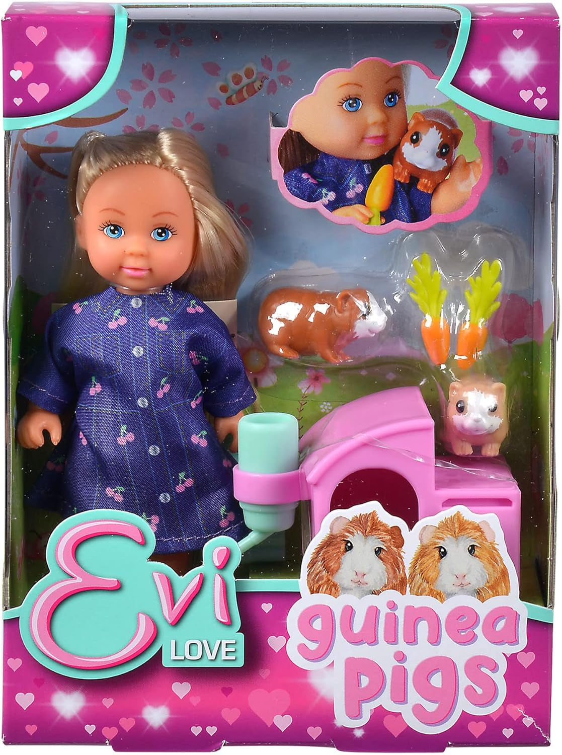 Simba Evi Love Guineea Pigs, păpușă de joacă cu doi porcușori de Guineea și căsuță, sticlă de apă și morcovi, 12 cm, vârste 3+