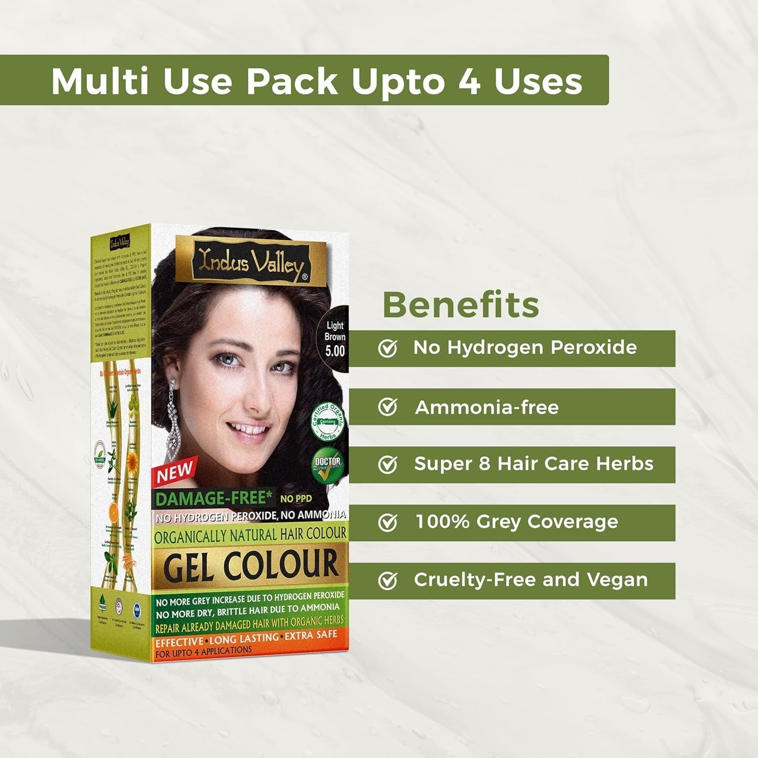 Indus Valley Natural Damage Free Gel Hair Colour | Fără amoniac, vegan și fără cruzime | Până la 100% acoperire gri, rezultate de lungă durată | Castaniu deschis 5.0 (20 gram + 200 ml) Vopsea pentru par Naty Shop