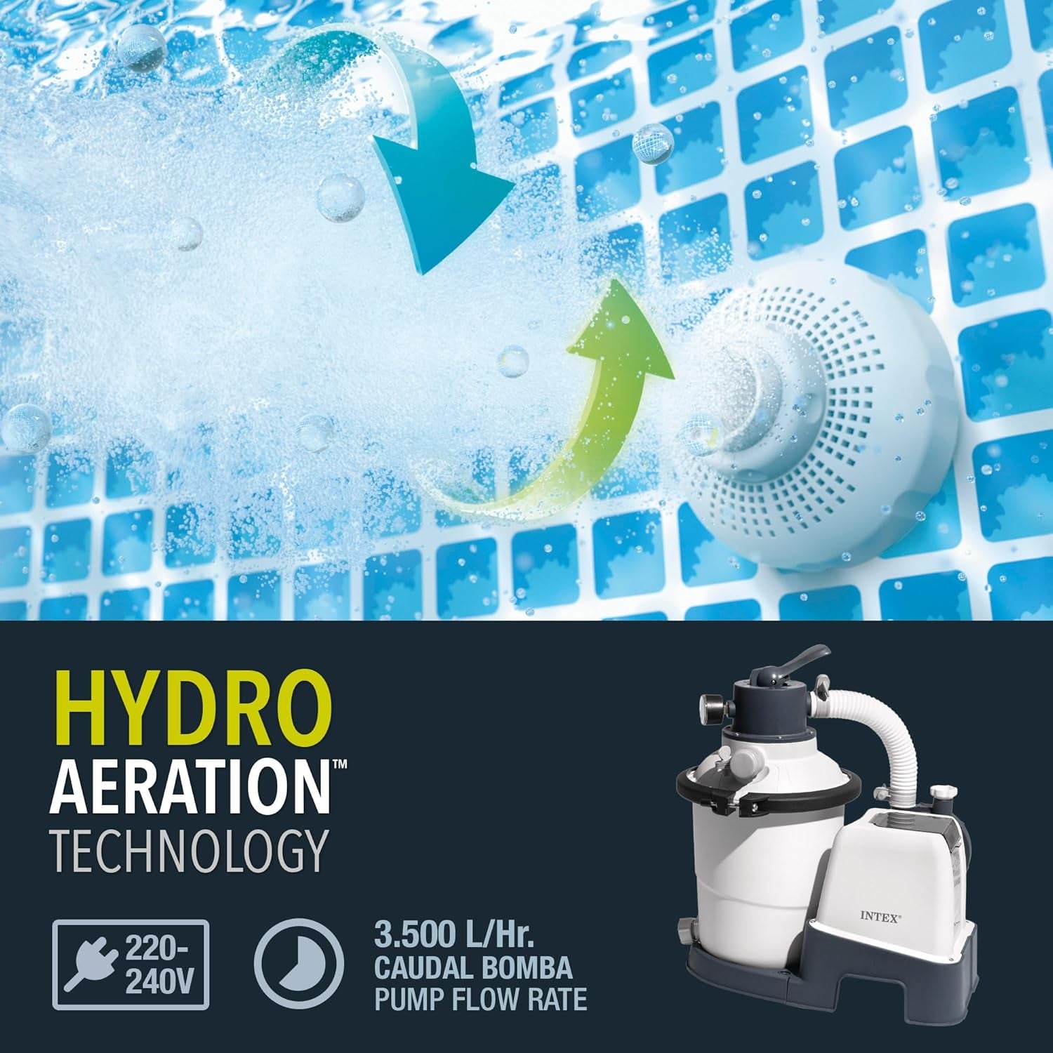 Bomba de filtración de arena Intex 26642 Krystal Clear con RCD, caudal de agua 3500 l/h, caudal del sistema 2000 l/h, plástico, blanco