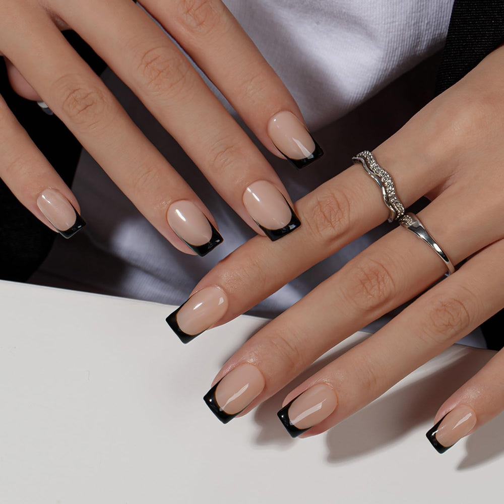 Unghii false cu vârf francez scurt – 30 de bucăți de unghii negre pentru a le lipi pe unghii scurte pătrate, unghii false cu vârf francez cu lipici, set unghii artificiale pătrate pentru femei