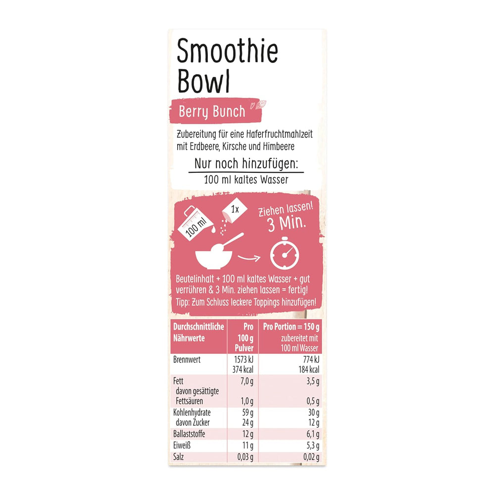 RUF Smoothie Bowl Berry Bunch Avena Desayuno Snack con bayas y semillas de chía, rápido y fácil de preparar, vegano, 1 bolsa de 50 g (paquete de 3)