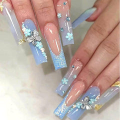 24 buc unghii artificiale albastru fluture, pătrate, unghii franțuzești prinse cu apăsare, lungi, sclipici, strălucitoare, stras, vârfuri unghii false
