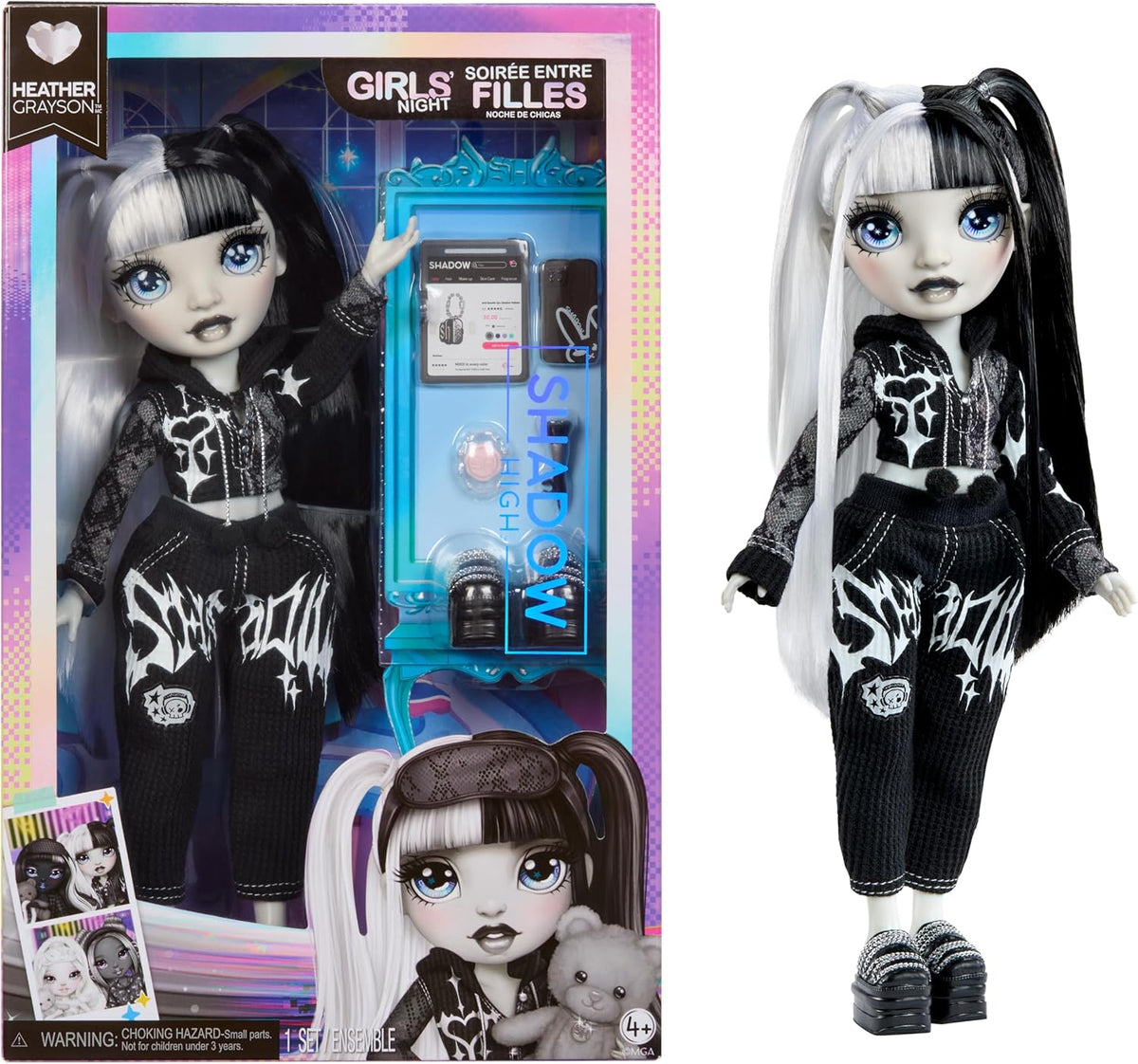 Noaptea fetelor Rainbow High Shadow High – Heather Grayson – Păpușă la modă de 28 cm în nuanțe de gri, păr și ținută alb-negru cu accesorii și pieptene – Pentru colecționari și copii cu vârsta de 6 ani și peste