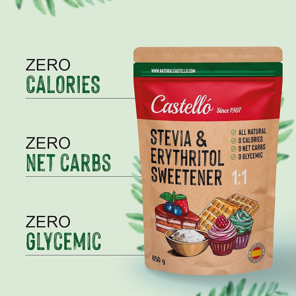 Stevia + Eritritol 1:1 Süßstoff | 1G = 1G Zucker | 100% Natürlicher Zuckerersatz - 0 Kalorien - 0 Glykämischer Index - Keto Und Paleo - 0 Netto-Kohlenhidrato - Kein GVO - Castello since 1907-850 G Edulcorantes Naty Shop