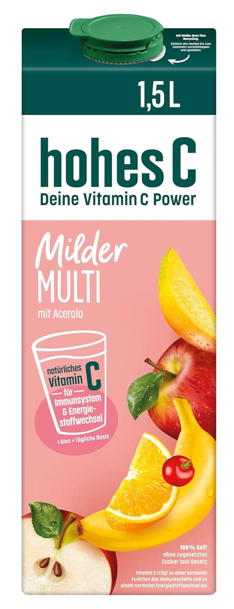 High C Mild Multivitamin (1 X 1.5L), 100% suc, mere, portocale, acerola, mango, 7 vitamine, Fără zahăr adăugat conform legii, Mai puțin acid, Vegan Bauturi fara alcool Naty Shop