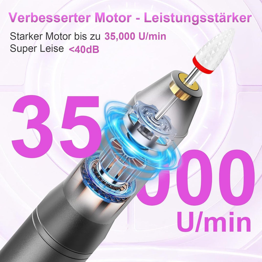 Pilă electrică fără fir pentru unghii - 35000 RPM pentru unghii cu gel, 12 în 1 profesională pentru unghii și unghii acrilice, set manichiură și pedichiură cu 5 viteze
