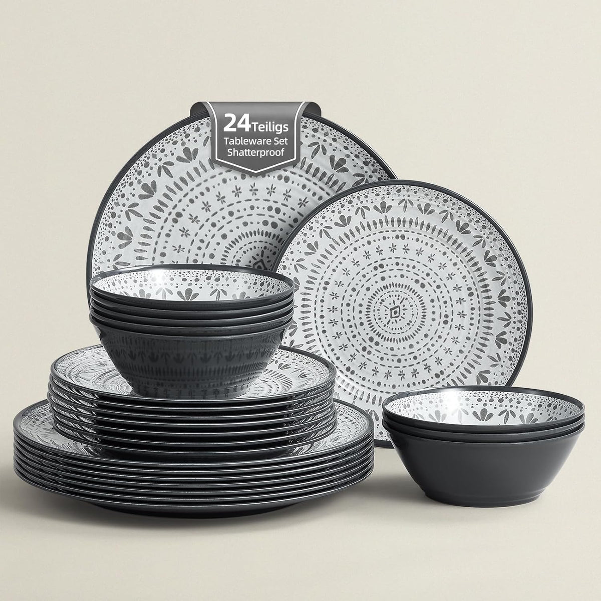 Set de tacâmuri pentru camping din melamină, format din 24 de piese, pentru 8 persoane - set de farfurii și set de tacâmuri din melamină, perfect pentru rulote, petreceri în grădină și petreceri pe terasă