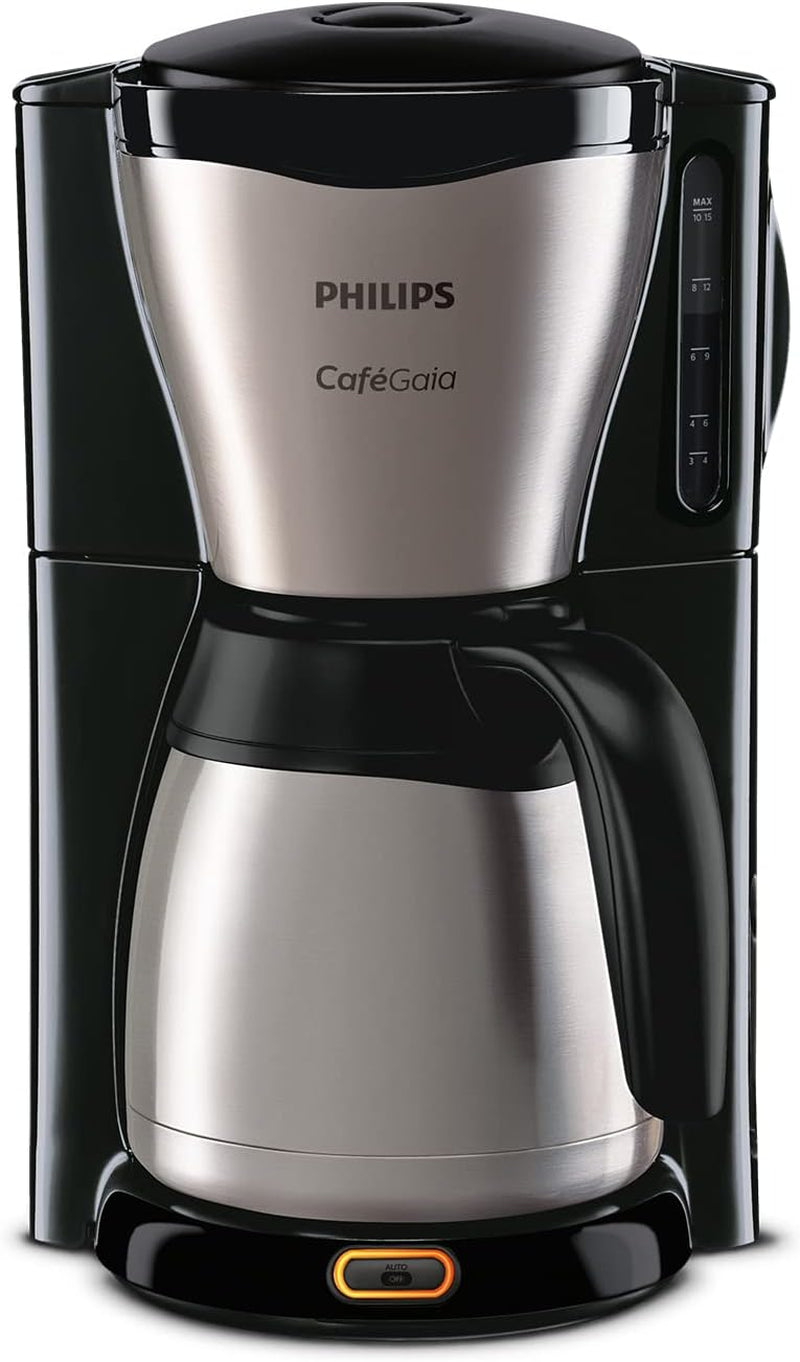 Espressor cu filtru PHILIPS Café Gaia – Carafă termos din oțel inoxidabil, sistem anti-picurare, aromă intensă, oprire automată, 1300 ml, negru (HD7546/20)