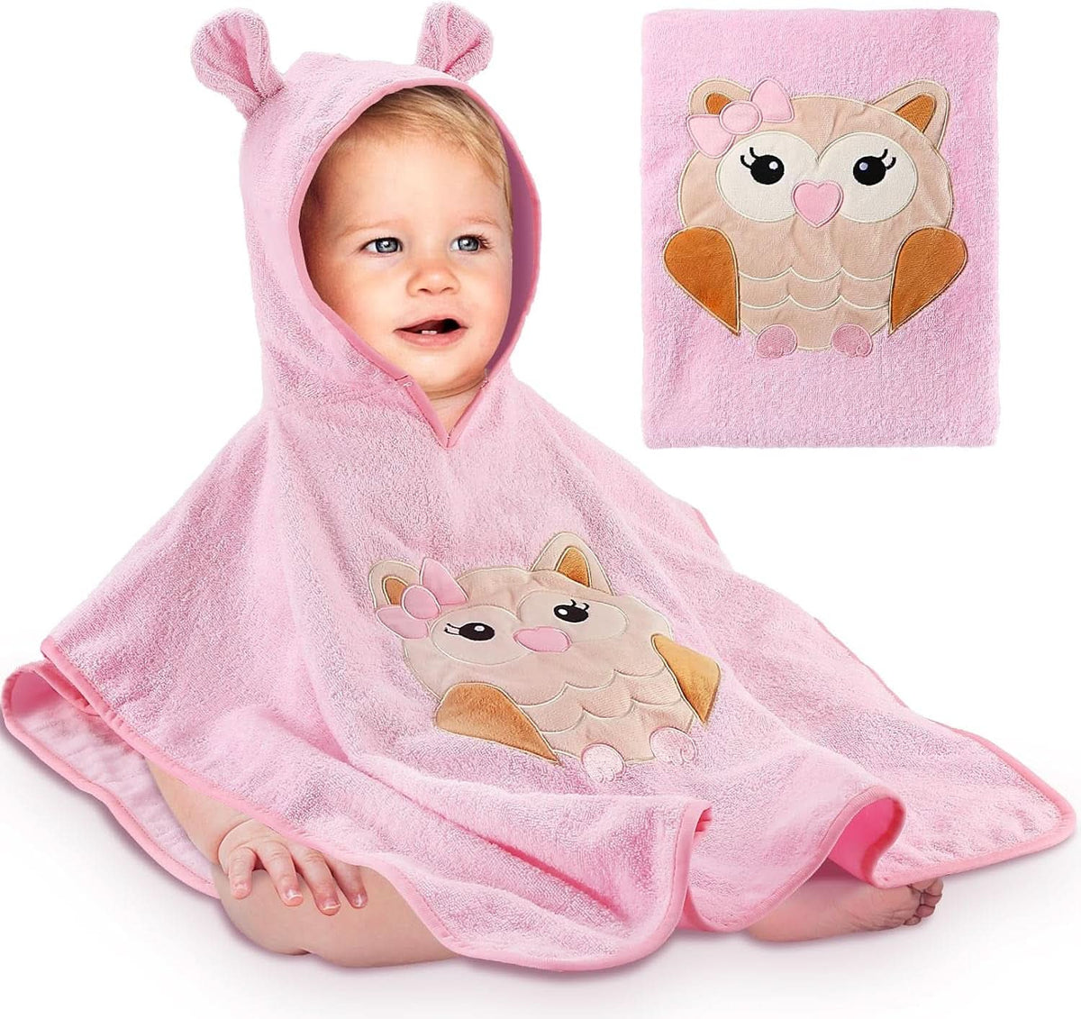 Poncho de baño para niño Oeko TEX, 100% algodón Madre e Niño Naty Shop Búhos rosas