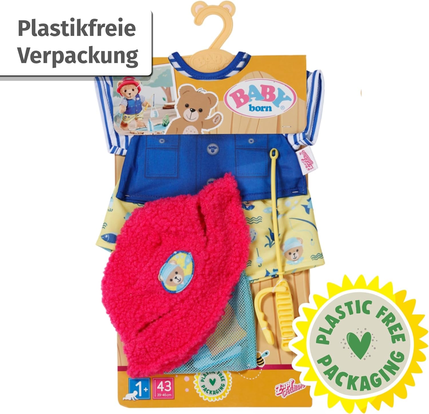 Costum Baby Born Teddy Angler cu undiță pentru păpuși de 43 cm și ursuleț de pluș, 835982 Zapf Creation