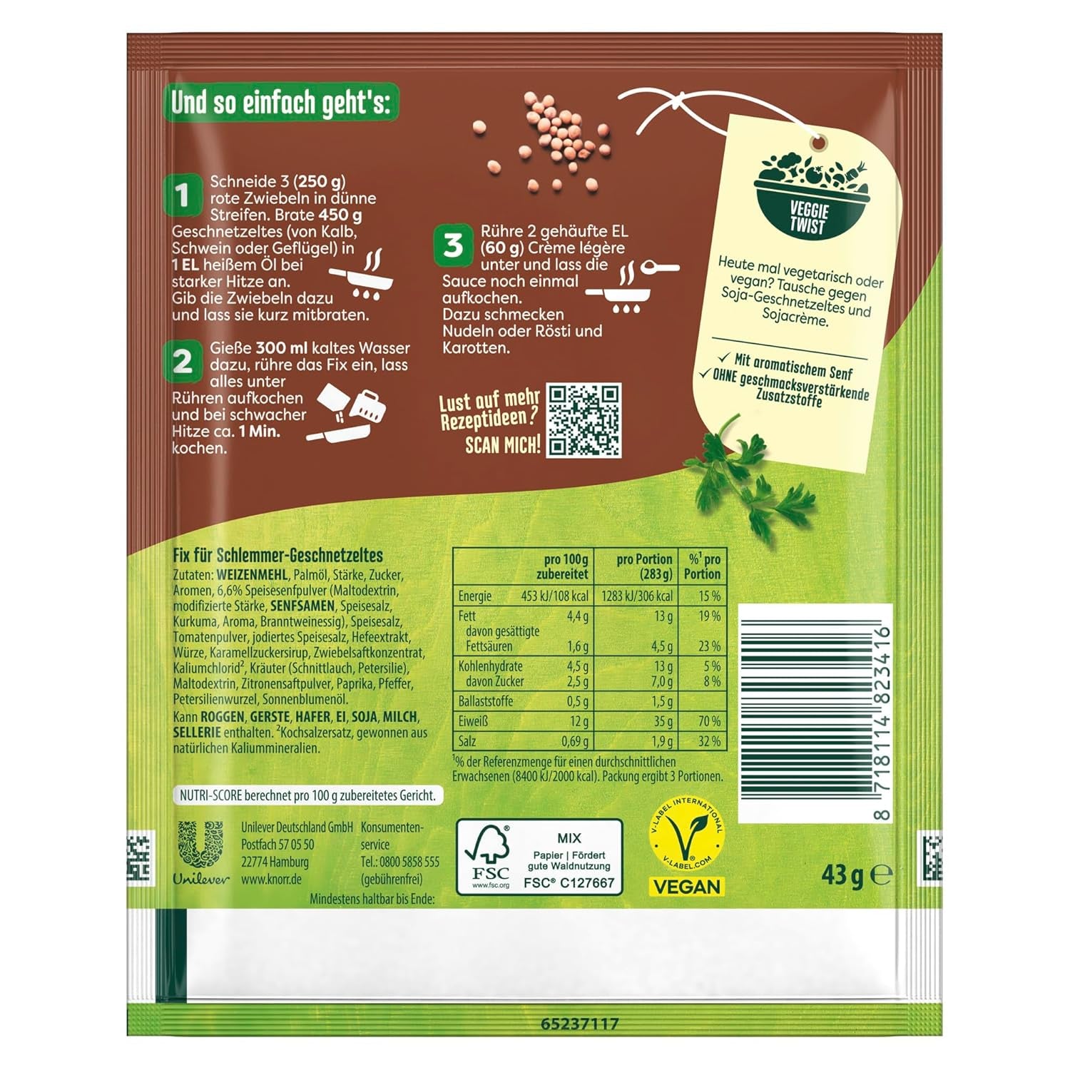 Knorr Fix Würzmischung Schlemmer-Geschnetzeltes für ein leckeres Fleischgericht ohne geschmacksverstärkende Zusatzstoffe 43 g 1 unidad