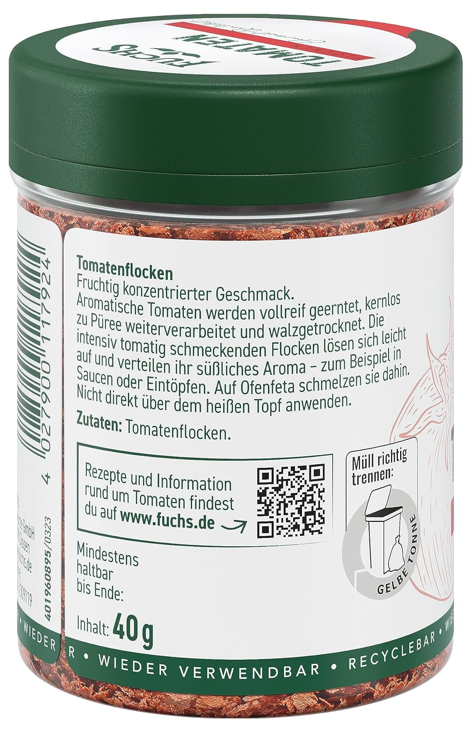 Fuchs Gewürze - Tomaten Flocken - Gewürz für Ofenfeta oder tomatigen Geschmack in Saucen - Ingredientes naturales - 40 g en wiederverwendbarer, recyclebarer Dosis