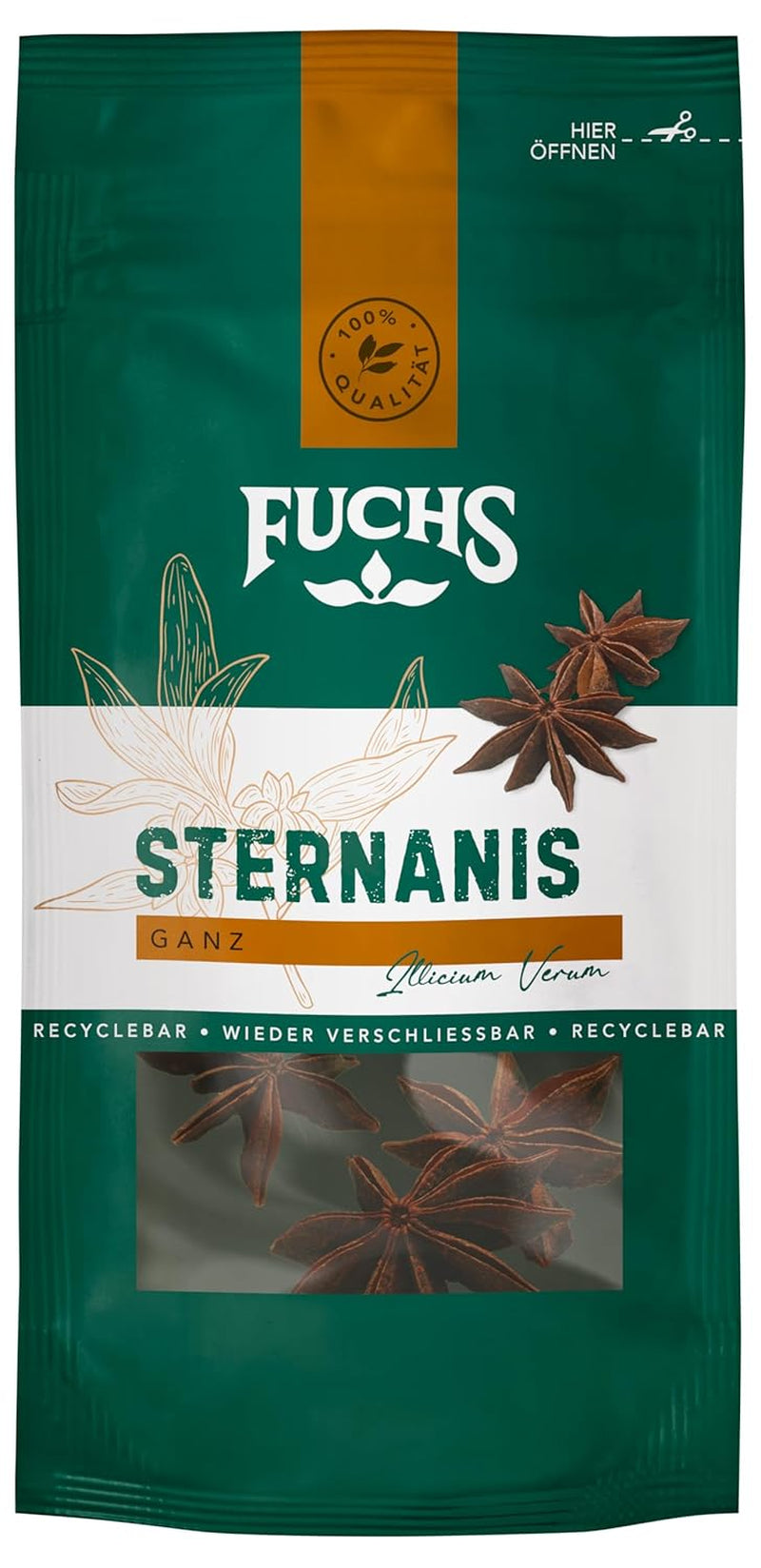 Fuchs Gewürze - Sternanis ganz | Ingrediente natural | Bolsa reciclable y resellable de 9 g.