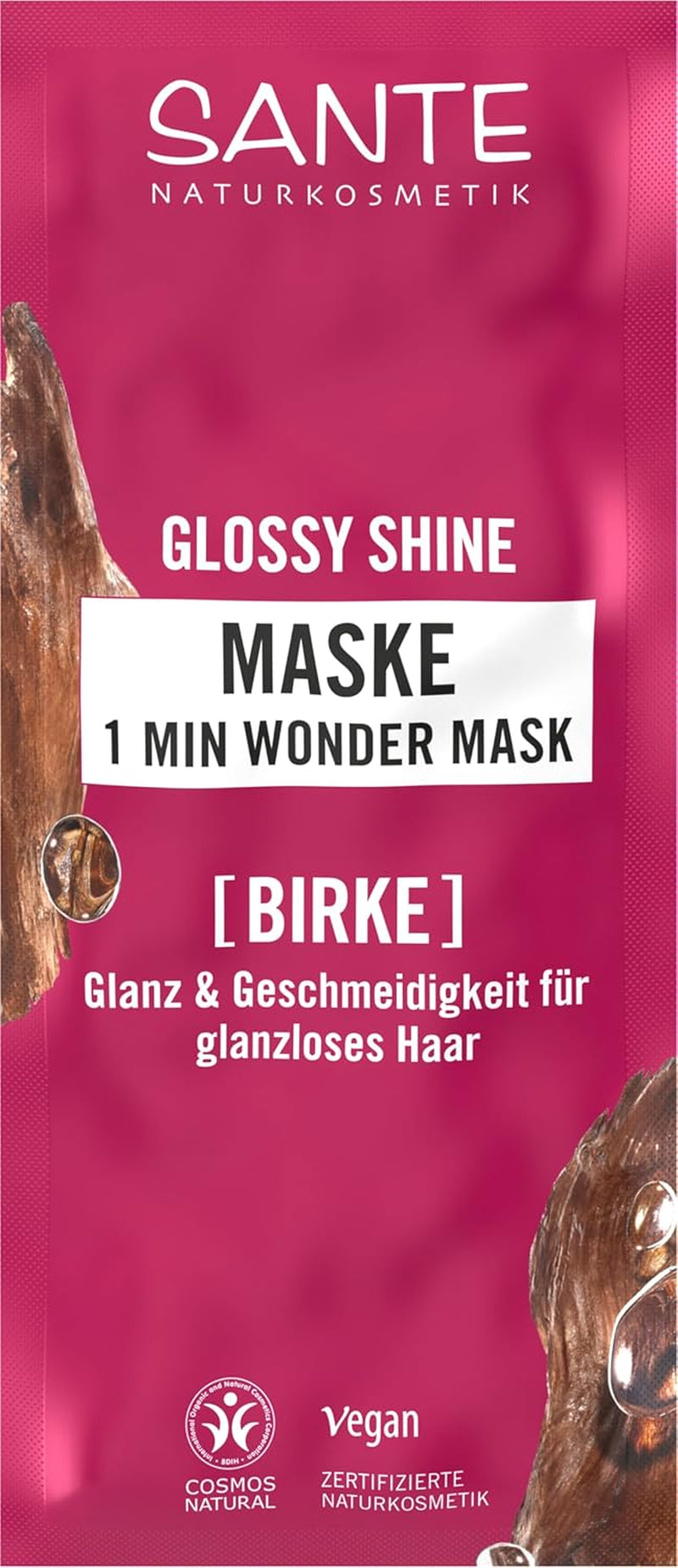 SANTE Naturkosmetik Glossy Shine 1 Min Wonder Mask, îngrijire profundă pentru părul tern cu extract organic de frunze de mesteacăn și complex de proteine de 3 ori, pentru 3x mai multă strălucire și suplețe, vegan, 20ml Masca de par Naty Shop Titlu implicit