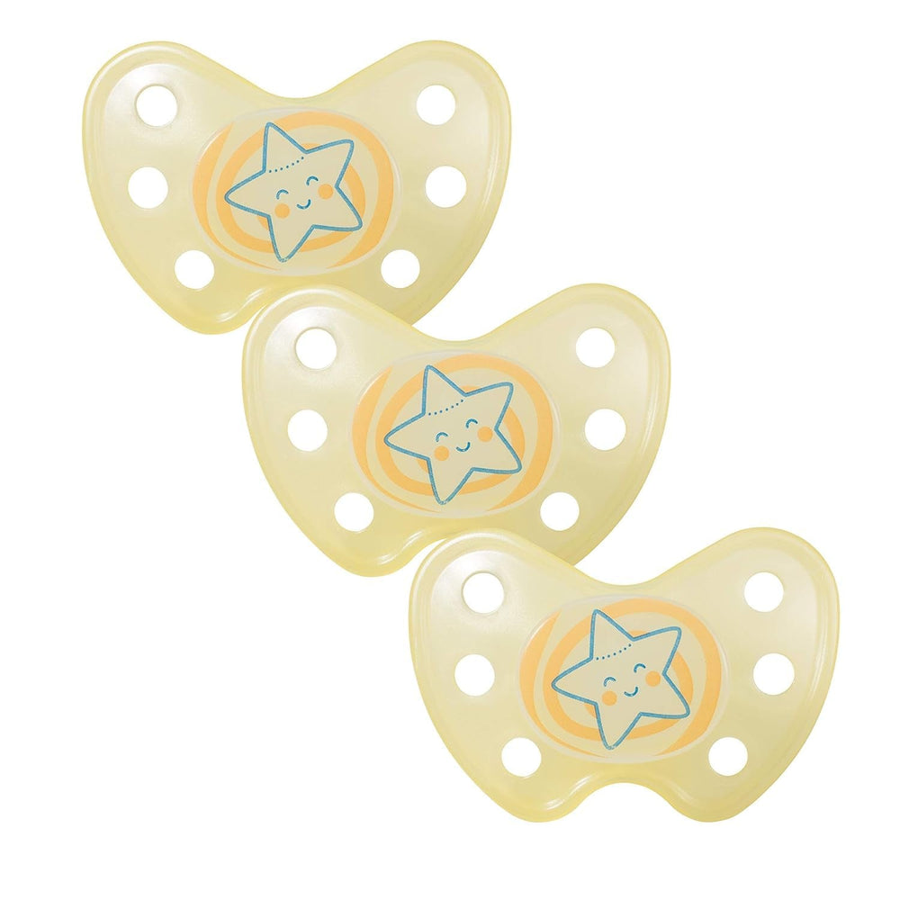 Suzete de noapte din silicon dentistar, pachet de 3 - mărimea 3, de la 14 luni - Suzete care strălucesc în întuneric cu treaptă dentară - fără BPA - fabricate în Germania - Lună, galben