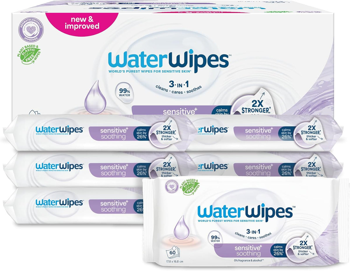 WaterWipes Sensitive+ Soothing Clean 360 piezas (paquete de 6) 3 en 1 limpieza, cuidado y calmante 99% agua con extracto de plantas toallitas para bebés sin perfume