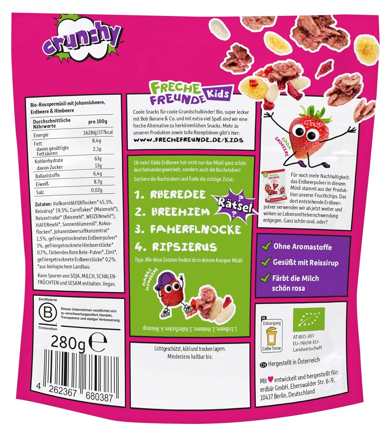 FRECHE FREUNDE Muesli de desayuno orgánico Edda's Berry Crunchy Muesli Mix para escolares con fresas liofilizadas Vegano, paquete de 6 (6 x 280 g)