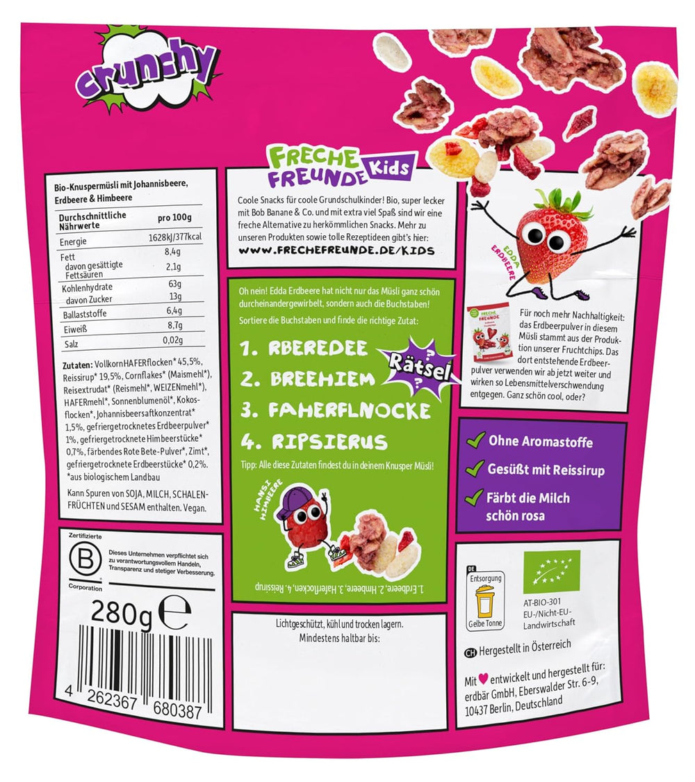FRECHE FREUNDE Muesli de desayuno orgánico Edda's Berry Crunchy Muesli Mix para escolares con fresas liofilizadas Vegano, paquete de 6 (6 x 280 g)