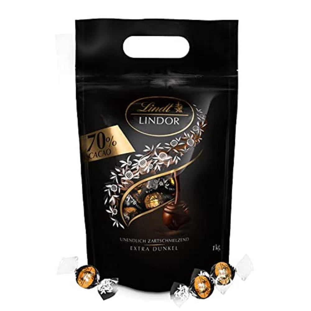 Bolas de chocolate extra oscuro Lindt LINDOR y bolas de chocolate con crema de fresa LINDOR | Bolsa resellable de 1 kg | aprox. 80 white chocolate balls with strawberry cream