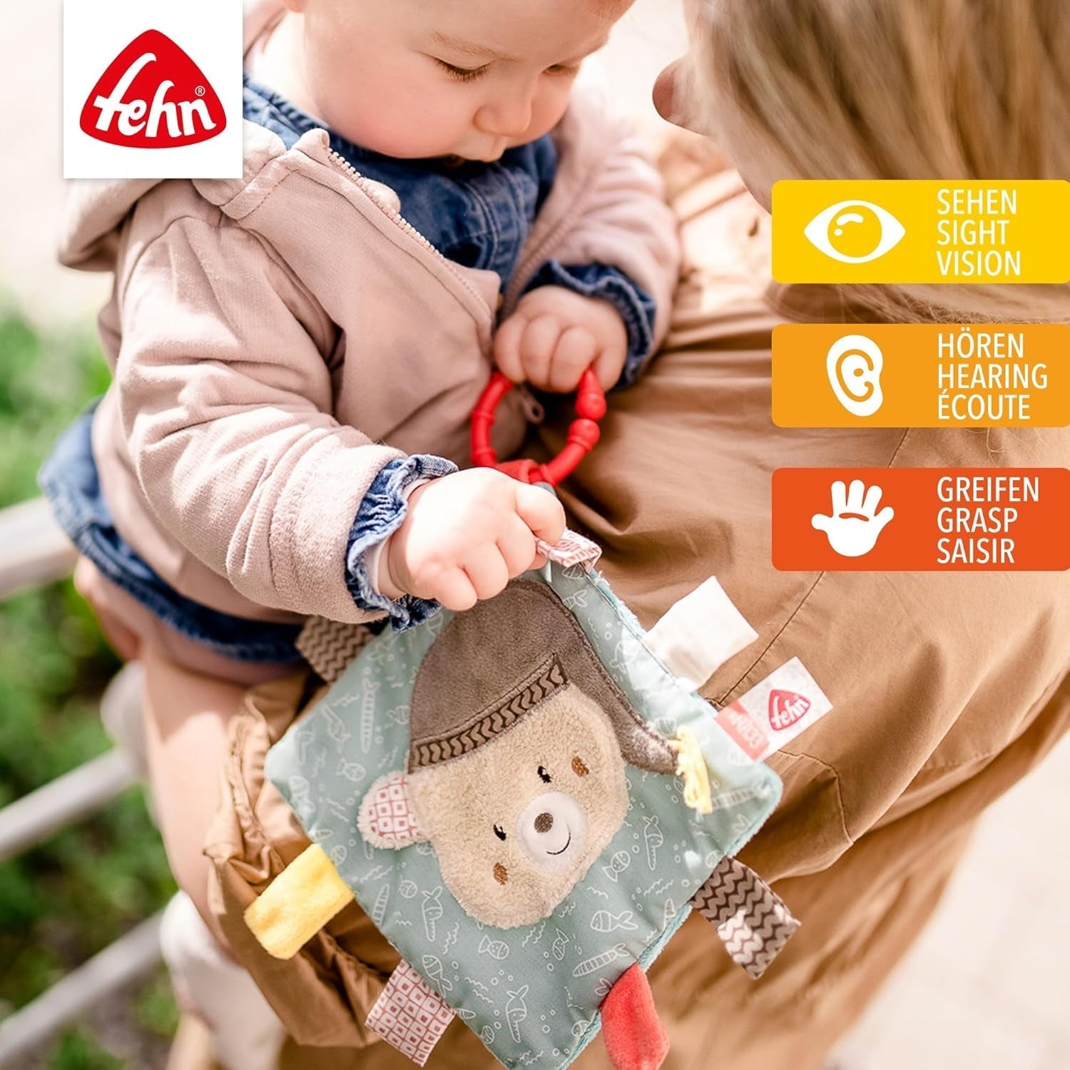 Fehn Bruno pânză de ruginit - jucărie cu scârțâitor și file de țesătură - jucărie de ruginit pentru animale de ruginit - jucărie pentru copii cu inel de fixare practic - pânză de ruginit pentru bebeluși și copii mici de la 0+ luni Jucarii Bebe Naty Shop