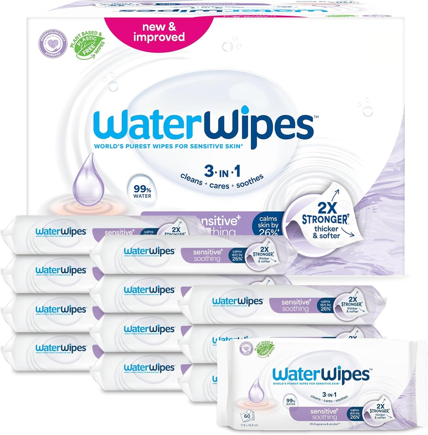 WaterWipes Sensitive+ Soothing Clean 360 piezas (paquete de 6) 3 en 1 limpieza, cuidado y calmante 99% agua con extracto de plantas toallitas para bebés sin perfume