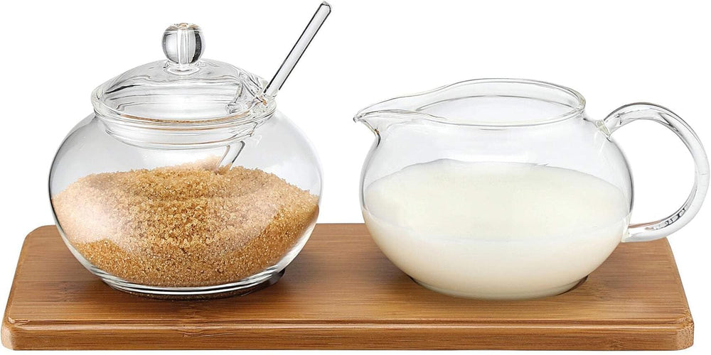 Set zahăr/frișcă în sticlă cu tavă din bambus, 14580