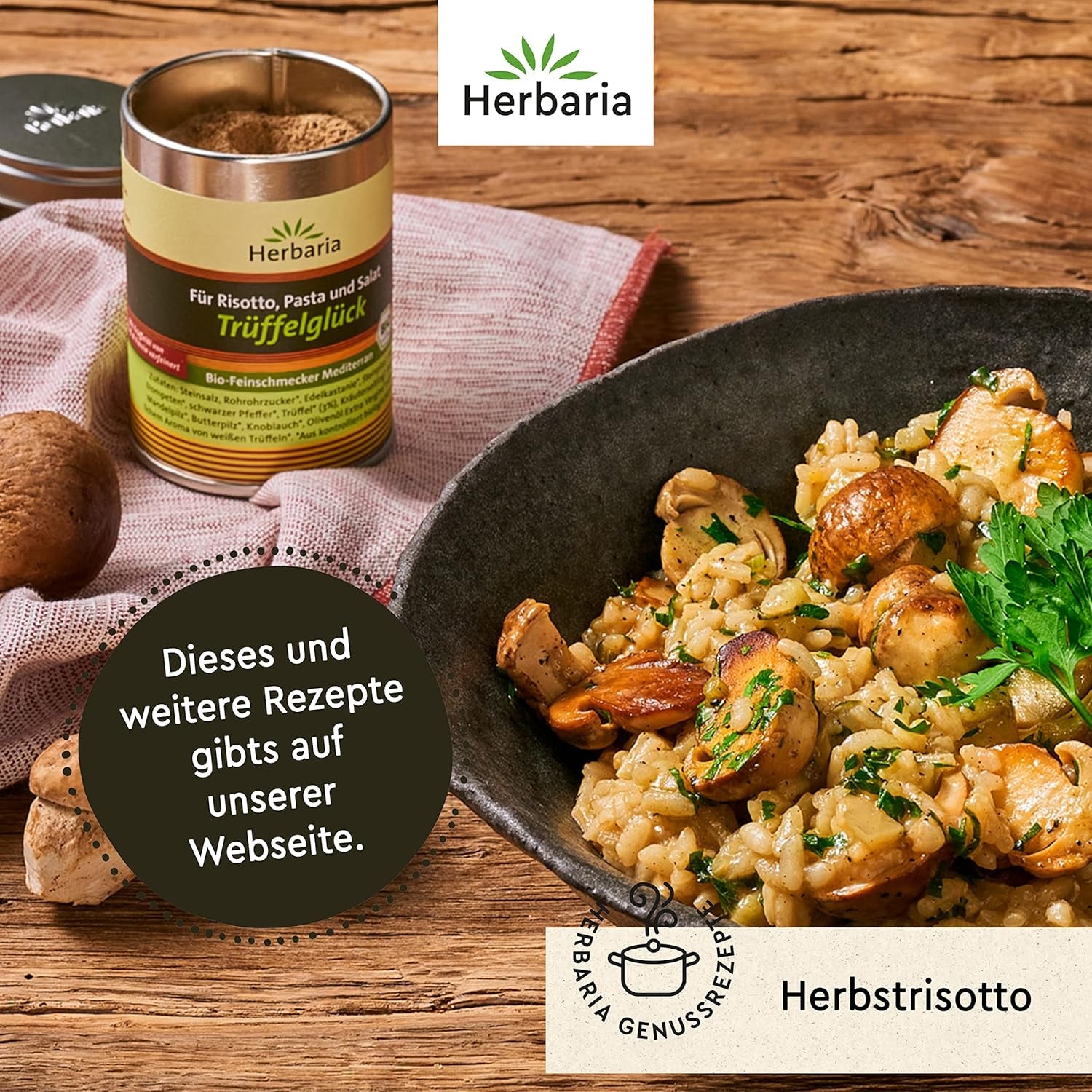 Herbaria Trüffelglück bio 110g M-Dose - Fertiges Bio-Pilz- & Trufflegewürz für intensiv-köstliche Gerichte - mit erlesenen Ingrediente - in nachhaltiger Aromaschutz-Dose