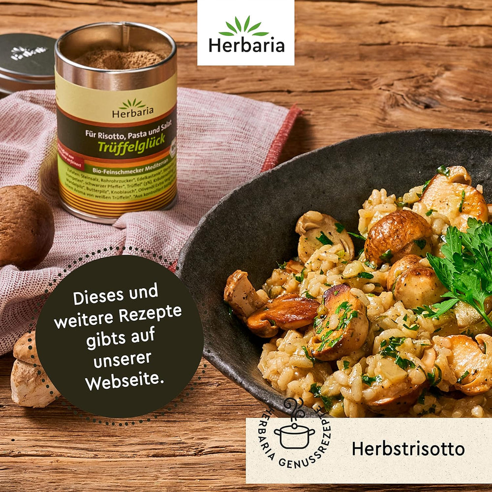 Herbaria Trüffelglück bio 110g M-Dose - Fertiges Bio-Pilz- & Trufflegewürz für intensiv-köstliche Gerichte - mit erlesenen Ingrediente - in nachhaltiger Aromaschutz-Dose