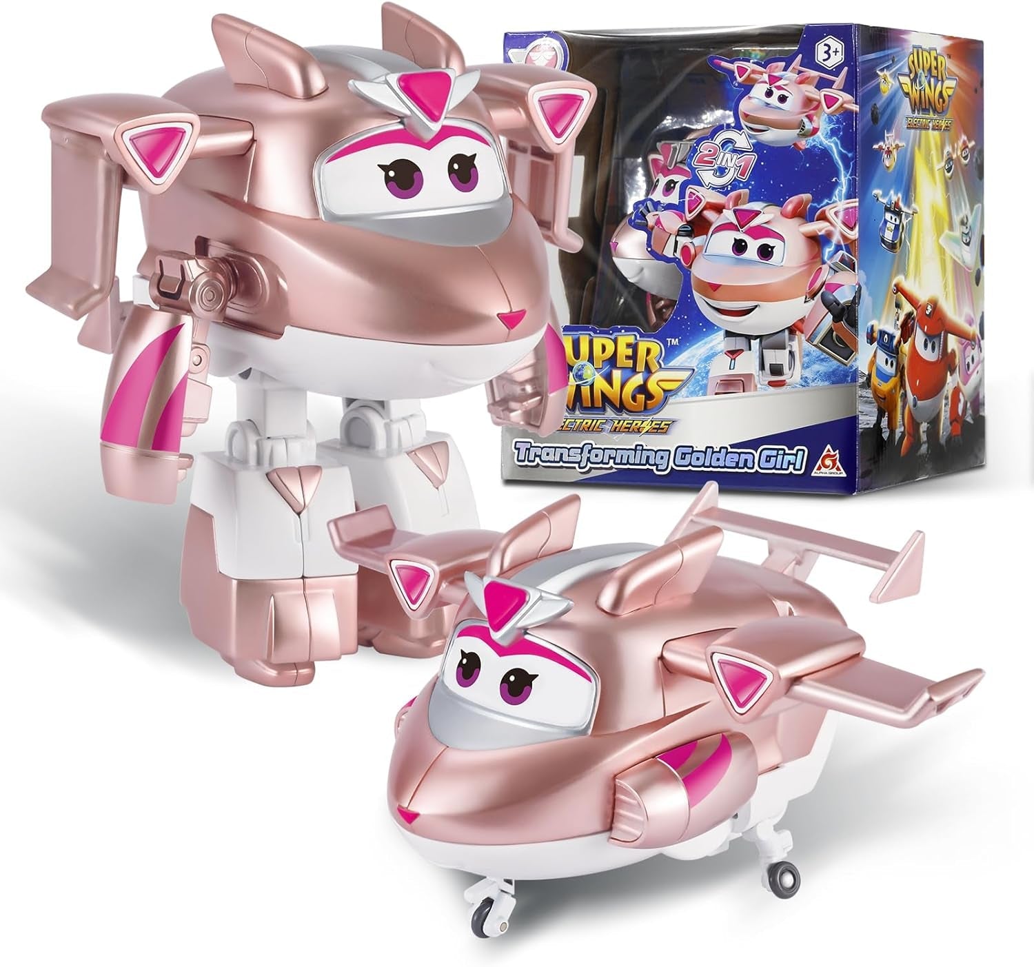 Avión de transformación Super Wings Traver sobrealimentado, aprox. Figura de juego para niños grande de 12,7 cm Figura de avión y robot de juguete para niños y niñas mayores de 3 años Figuras de acción plateadas Naty Shop Gold Girl