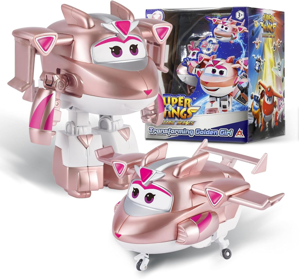 Avión de transformación Super Wings Traver sobrealimentado, aprox. Figura de juego para niños grande de 12,7 cm Figura de avión y robot de juguete para niños y niñas mayores de 3 años Figuras de acción plateadas Naty Shop Gold Girl