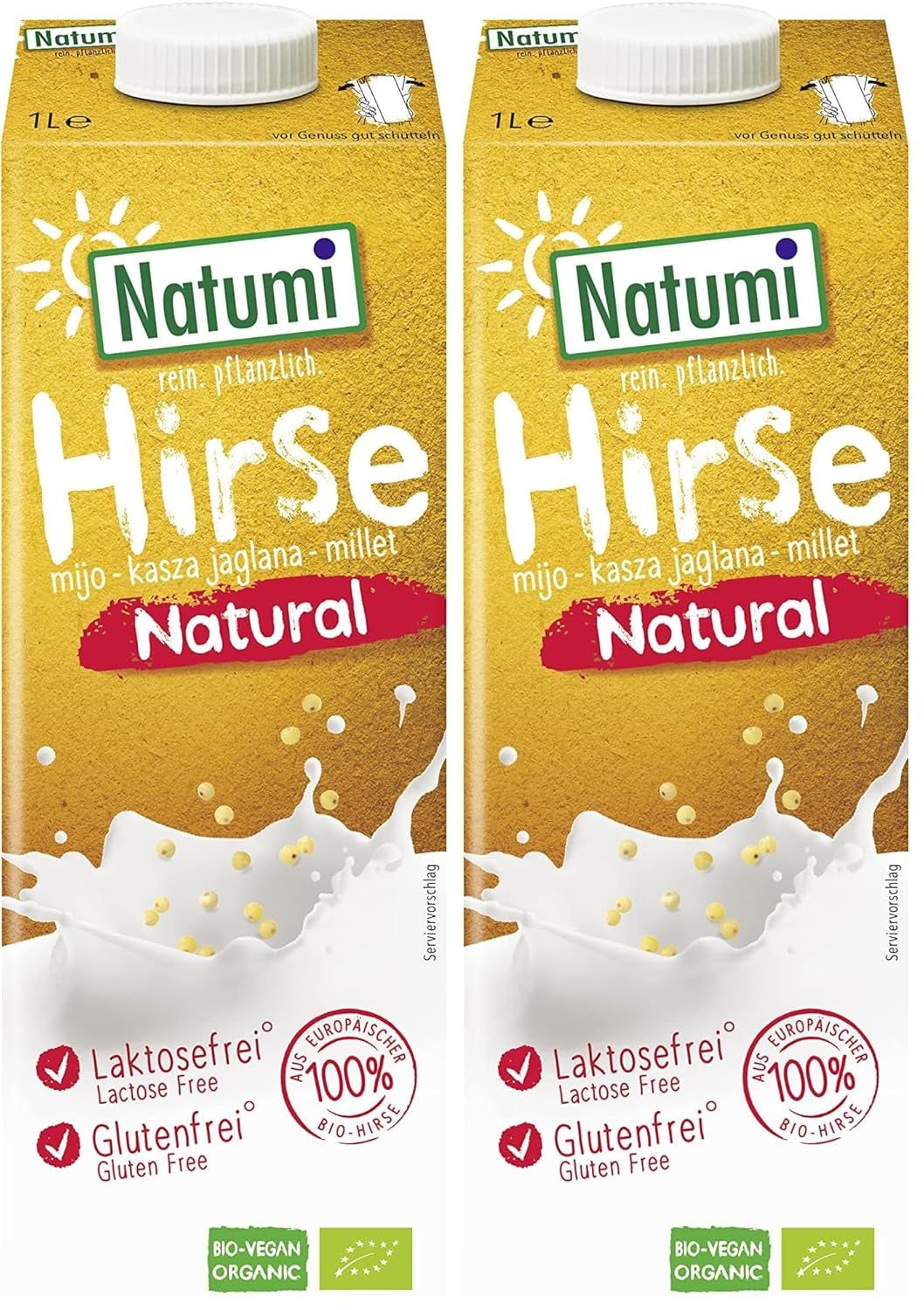 Natumi Bio Hirsedrink Natur, 6 x 1L - Sin lactosa, Vegano, Bio, Sin gluten, Milchfreie, Alternativa Milchfreie