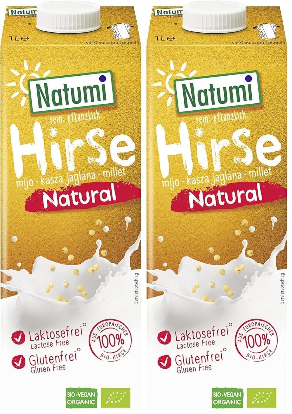 Natumi Bio Hirsedrink Natur, 6 x 1L - Sin lactosa, Vegano, Bio, Sin gluten, Milchfreie, Alternativa Milchfreie