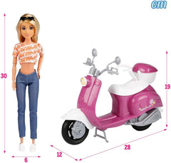 Isabella Gelenkpuppe mit Roller, 30 cm, Motorrad-Spielzeug, incluidos accesorios, Sonnenbrille, Handy, Selfie-Halterung, Helm, Refreshment, Puppen für Mädchen, Geschenke ab 3 Jahren (47812)