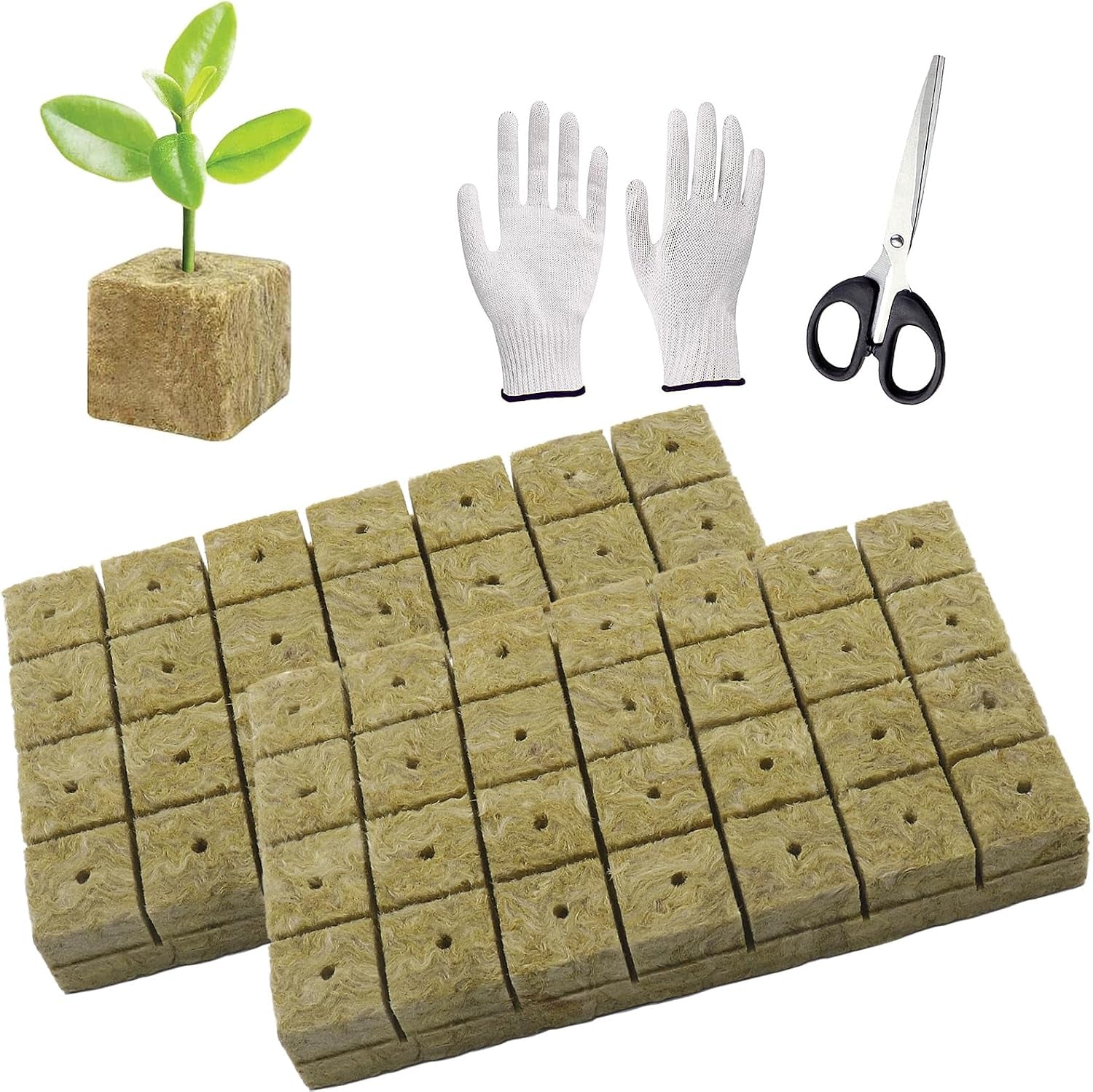 50 Piezas Estera de Cultivo de Lana Mineral, Cubo de Lana Mineral, Aislamiento de Lana Mineral, Estera de Cultivo de Lana Mineral con Tijeras y Guantes para Cultivo sin Suelo, Hidroponía y Trasplante