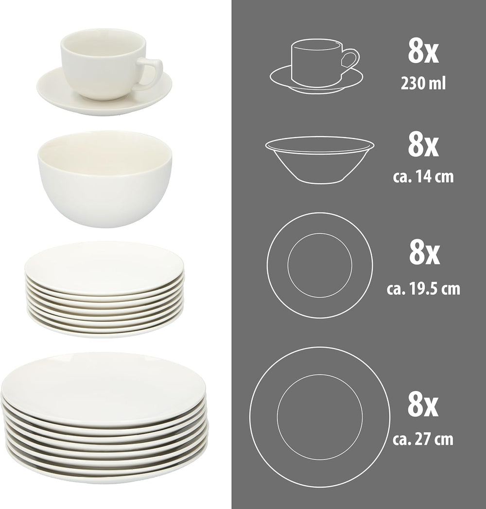 alpina Geschirrset 8 Personen - 40-teiliges Steingut Geschirr - Teller Set mit Speiseteller, Schalen und Kaffeebecher - Camping Geschirr - Mikrowelle- und Spülmaschinengeeignet - Weiß