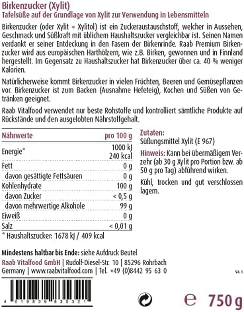 Raab Vitalfood Premium Birkenzucker, Xylit, Vegano, Alternativa al Zucker 1:1, Süßungsmittel, Zahnfreundlich, Vorratspack, 750 G Edulcorantes Naty Shop