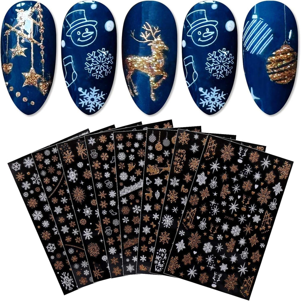 JMEOWIO Nagelsticker Weihnachten 8 Blatt Nagelaufkleber Selbstklebend Weiße Schneeflocken Winter Nail Art Sticker Dekoration Nageldesign Zubehör