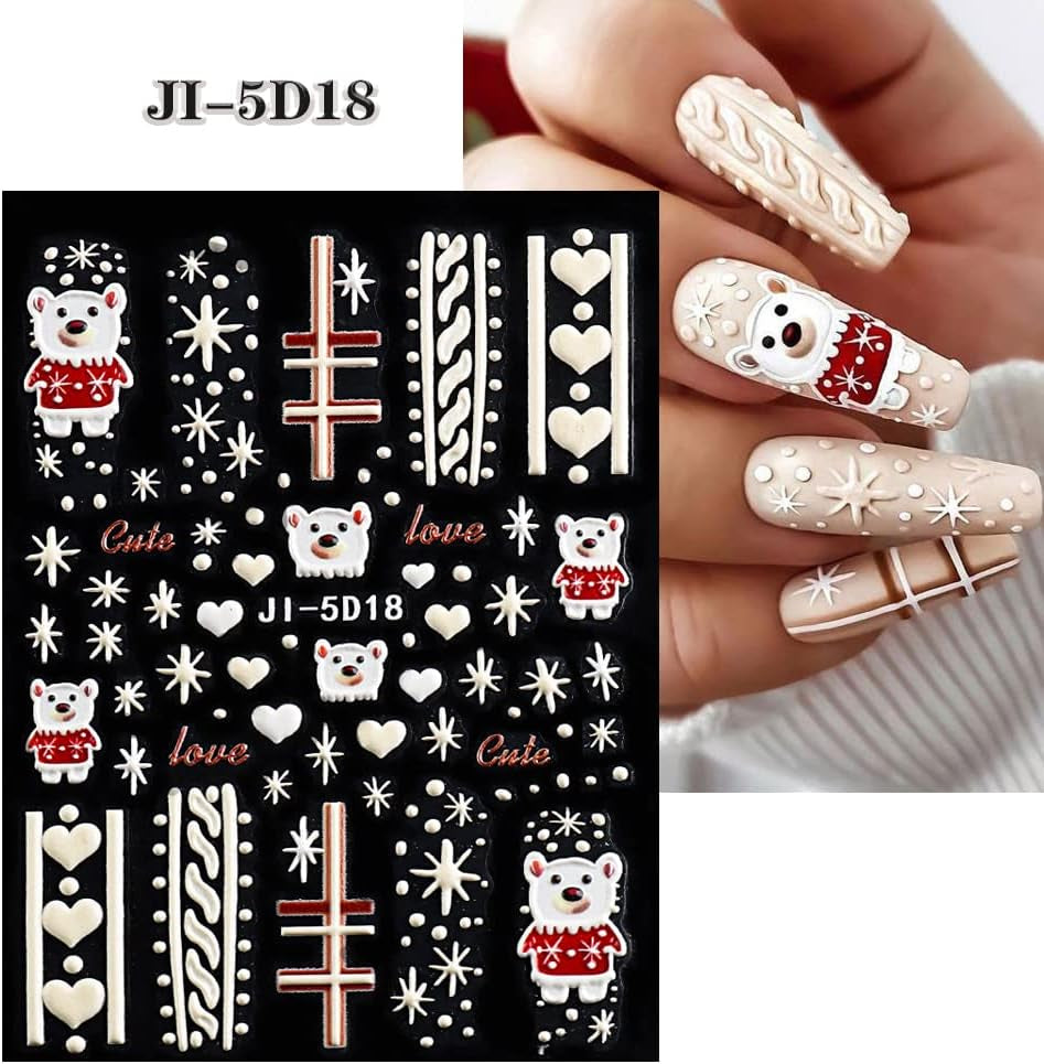 5 Blatt 3D Nagelsticker Weihnachten Nagelaufkleber 5D Stereoskopisch Selbstklebend Schneeflocke-Weihnachtswinterurlaub Nail Art Sticker Dekoration Nageldesign Zubehör