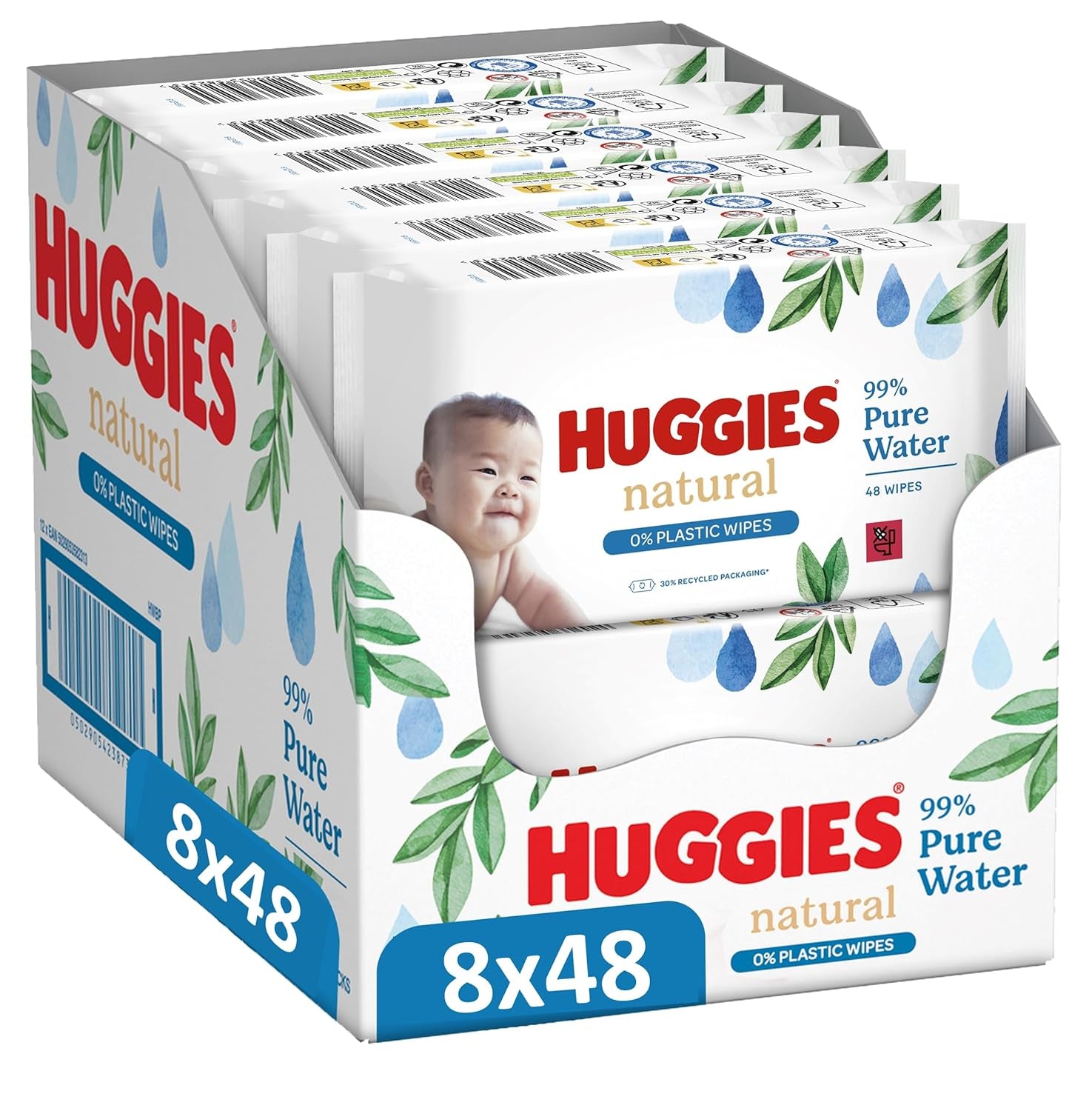 Toallitas húmedas naturales biodegradables Huggies para bebés sensibles, 8 x 48 toallitas, paquete a granel
