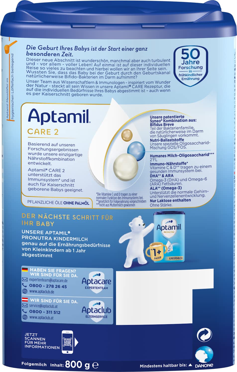 Aptamil Care 2 - Leche de continuación a partir de los 6 meses, con Omega 3 y 6, DHA y ARA, sin aceite de palma, papilla, leche en polvo, 1 x 800 g (paquete de 6)