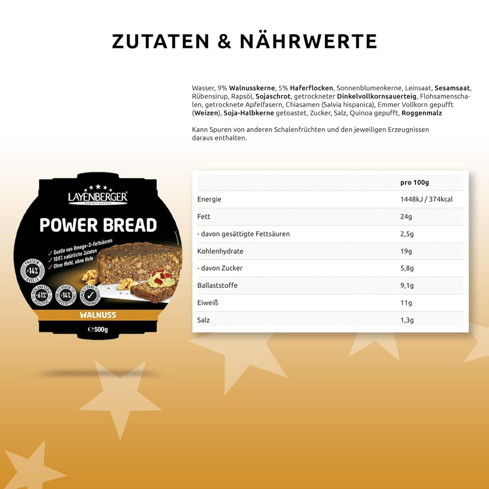 Layenberger Prower Bread Walnut, Eiweiß- Und Ballaststoffquelle, Ohne Konservierungsmittel, Ohne Hefe, Ohne Mehl, Mit 14G Protein Pro 100G, (1 X 500G) Mezcla para hornear y cocinar Naty Shop