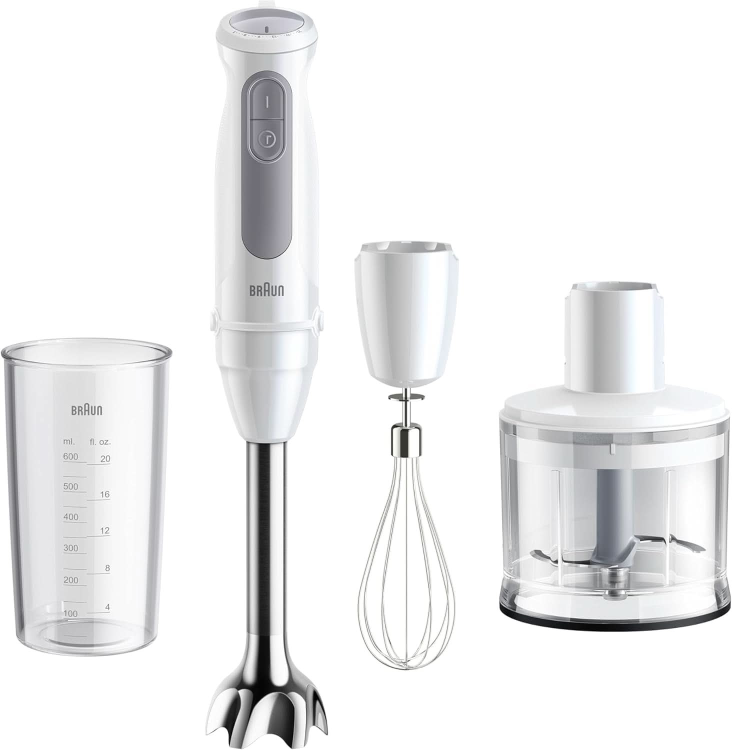 Braun Stabmixer MQ 5200WH - Multiquick 5 Vario Pürierstab Mit Edelstahl Mixfuß, 1000 Watt, Inkl. 600 Ml Mix- & Messbecher, Weiß/Grau Kitchen Naty Shop Versión 2024 - Schneebesen