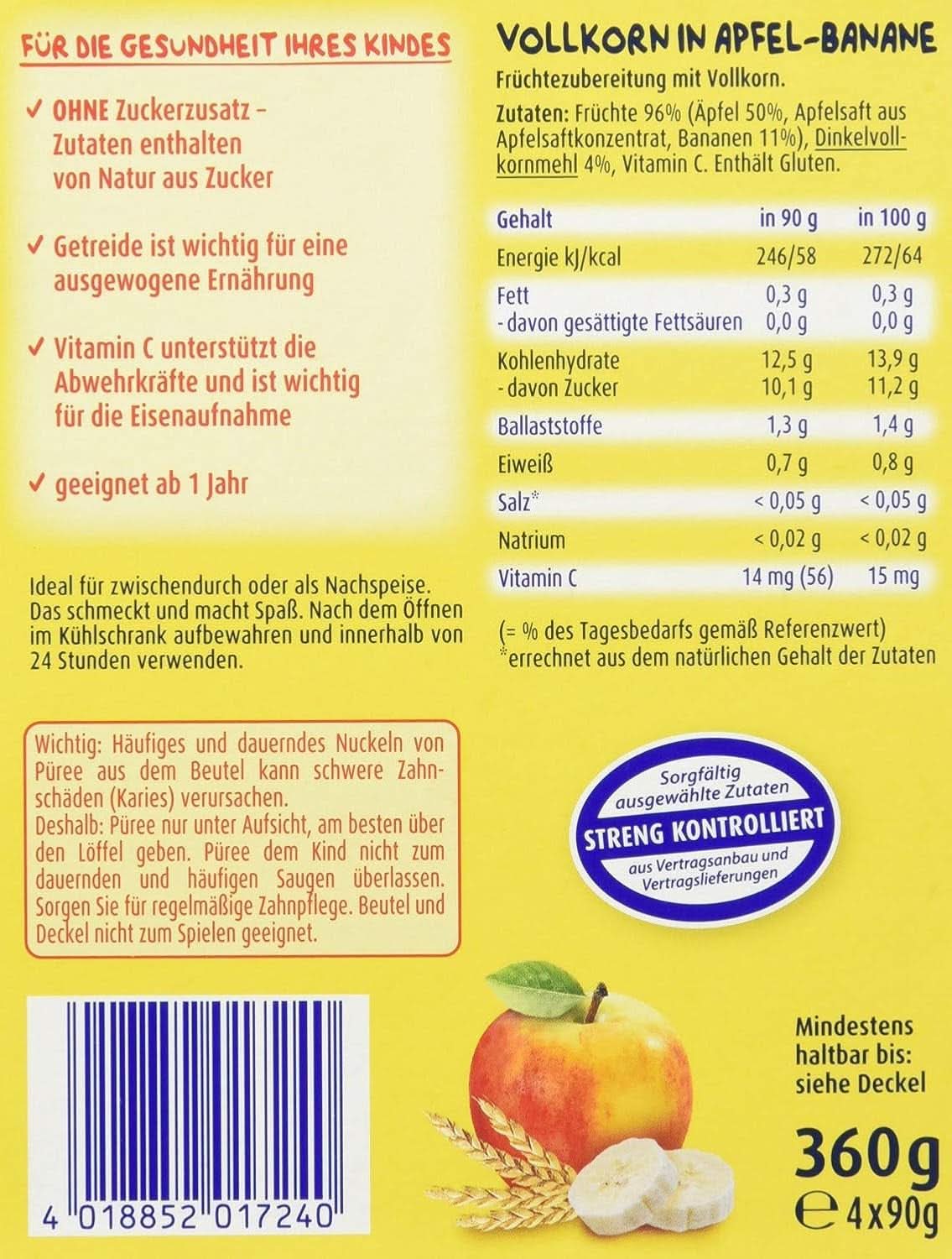 Frutas y cereales divertidos para niños, enteros en manzanas-plátanos, paquete de 4 (4 X 90 gramos) Madre e Hijo Naty Shop