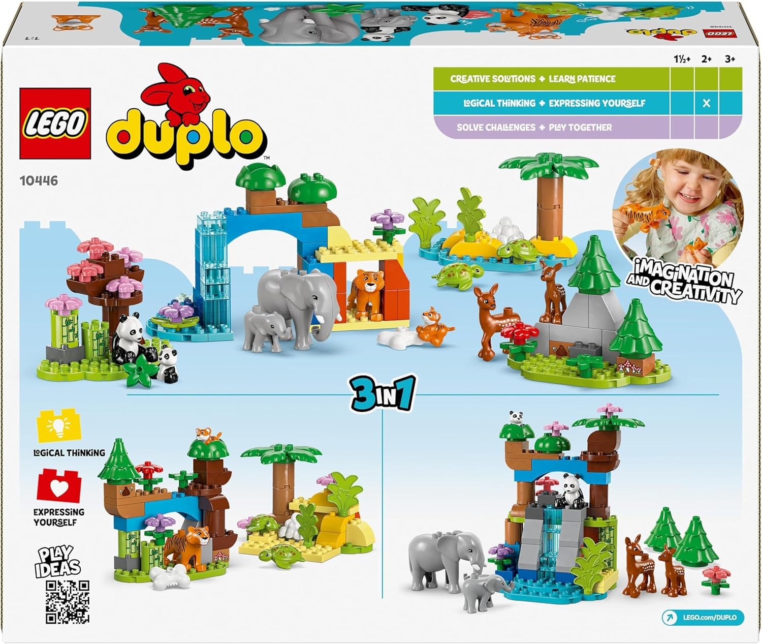 LEGO DUPLO Town Juego 3 en 1 Familias de animales salvajes, juguete educativo para niños pequeños con tortugas, tigres, elefantes, ciervos y pandas, juego para preescolares a partir de 2 años, juguete de construcción con figuras de animales 10446 Juegos de construcción Beuche den LEGO-Store